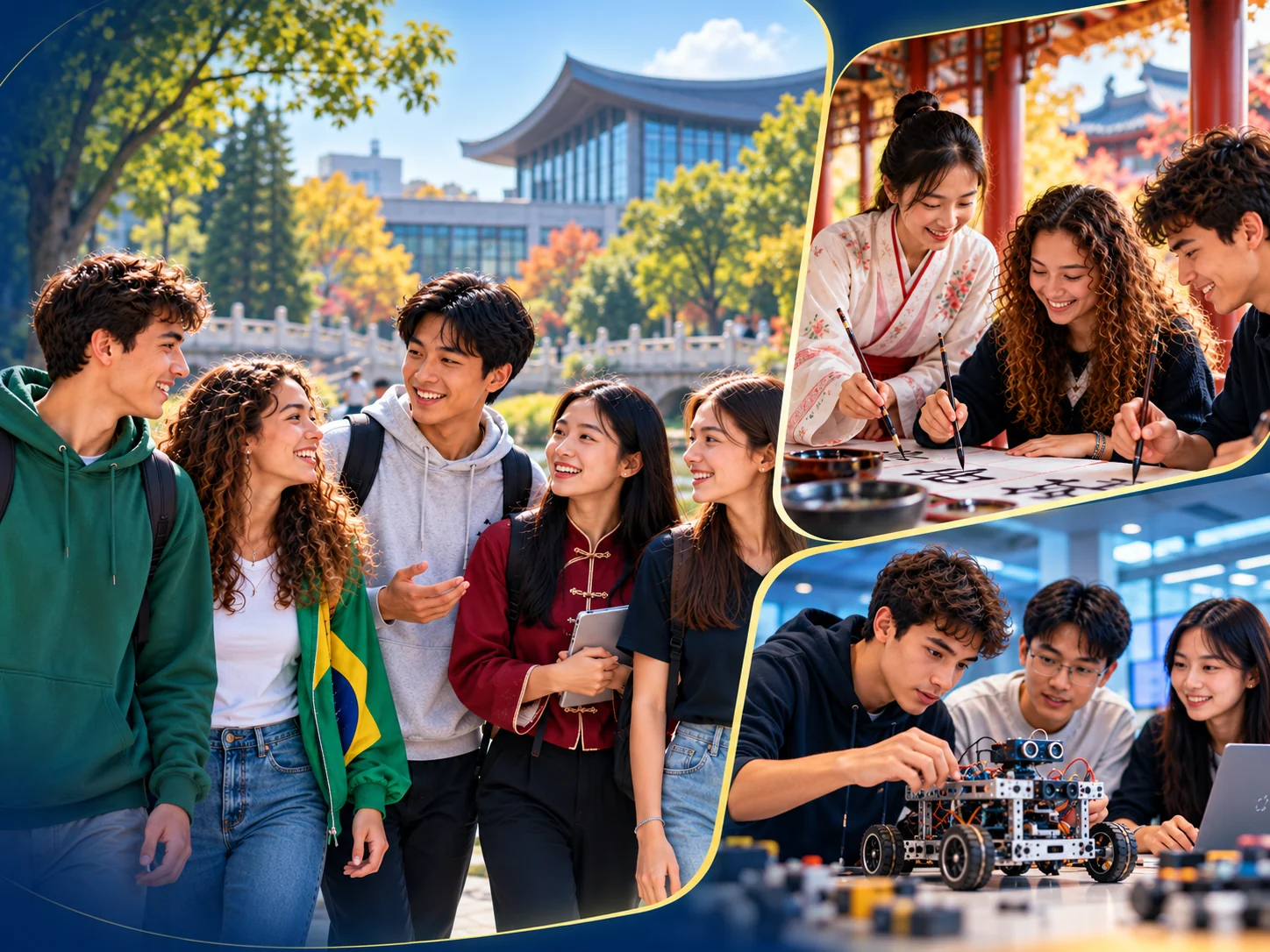 Imagem ilustrativa de estudantes em intercâmbio na China, oficina de caligrafia chinesa e atividade de robótica STEM